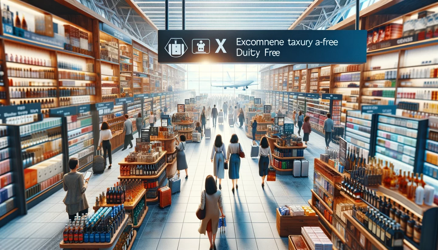 une boutique hors taxes animée dans un aéroport international, présentant une grande variété de produits tels que de l'alcool, du tabac, des parfums et des produits de luxe.
