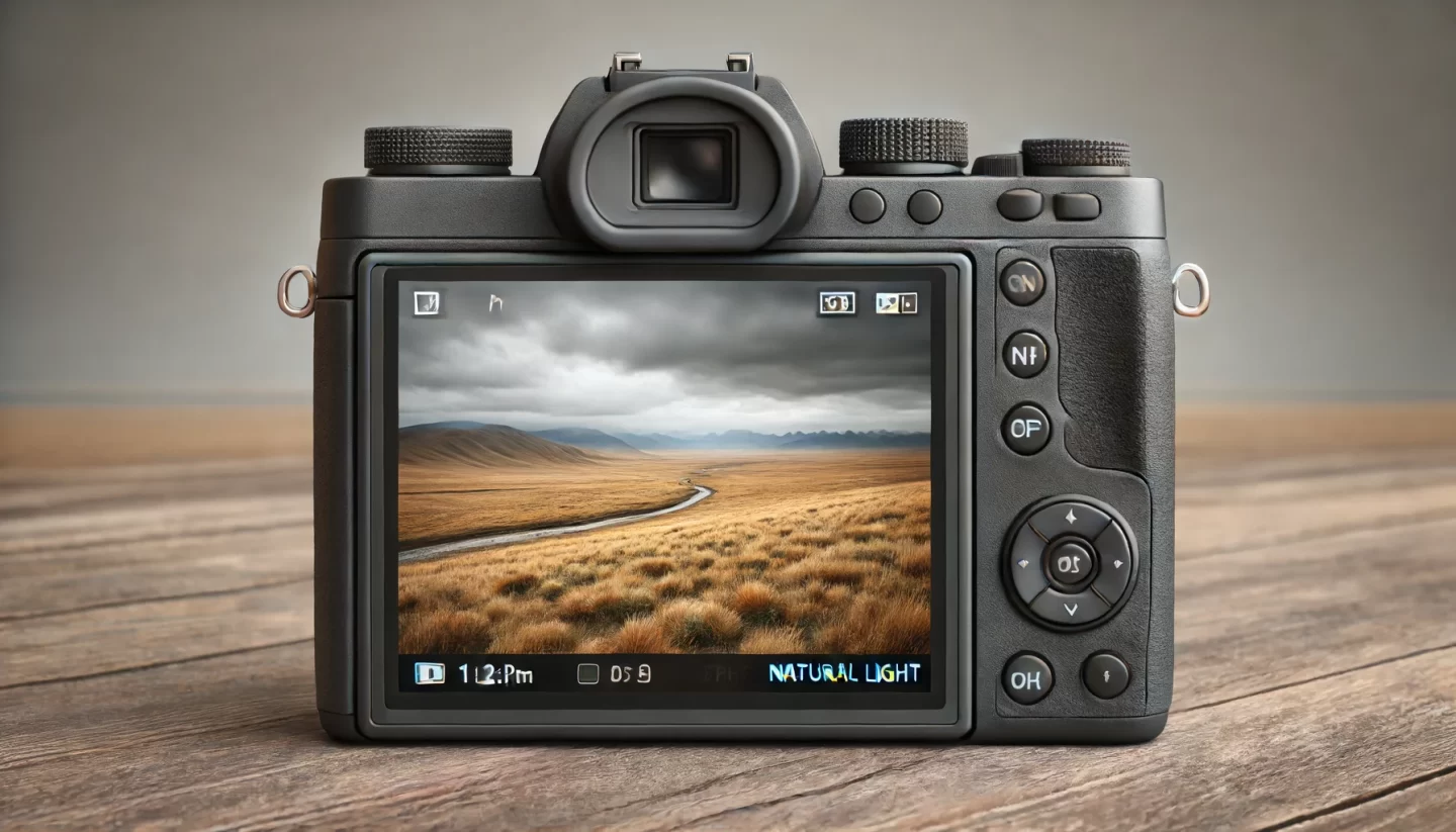 Digital camera displaying landscape scene on screen.
