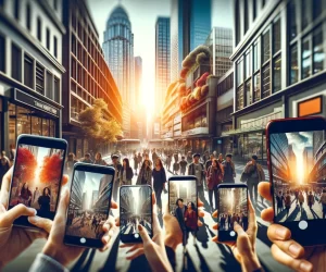 Smartphones capturing busy urban street scene.