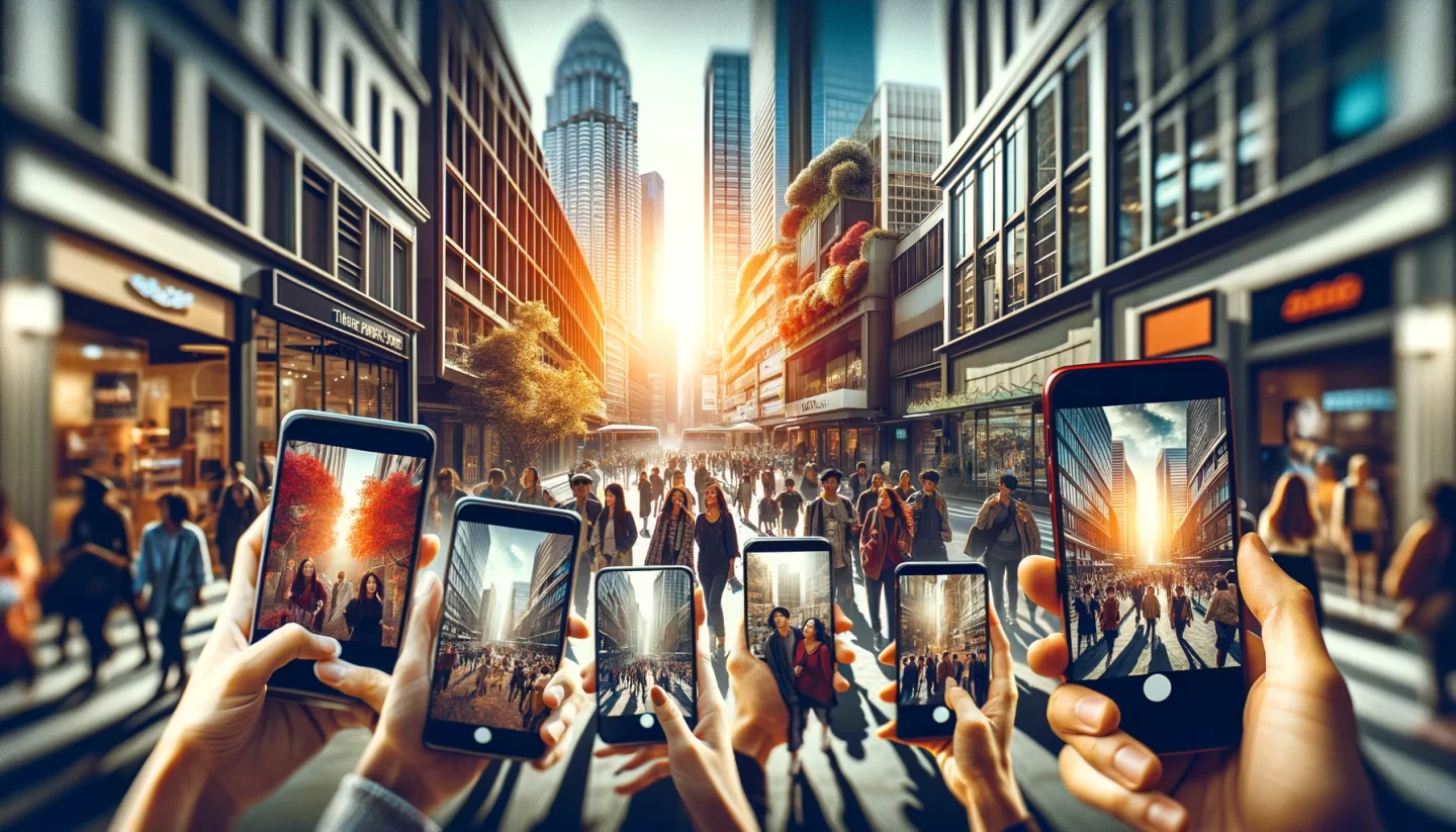 Smartphones capturing busy urban street scene.