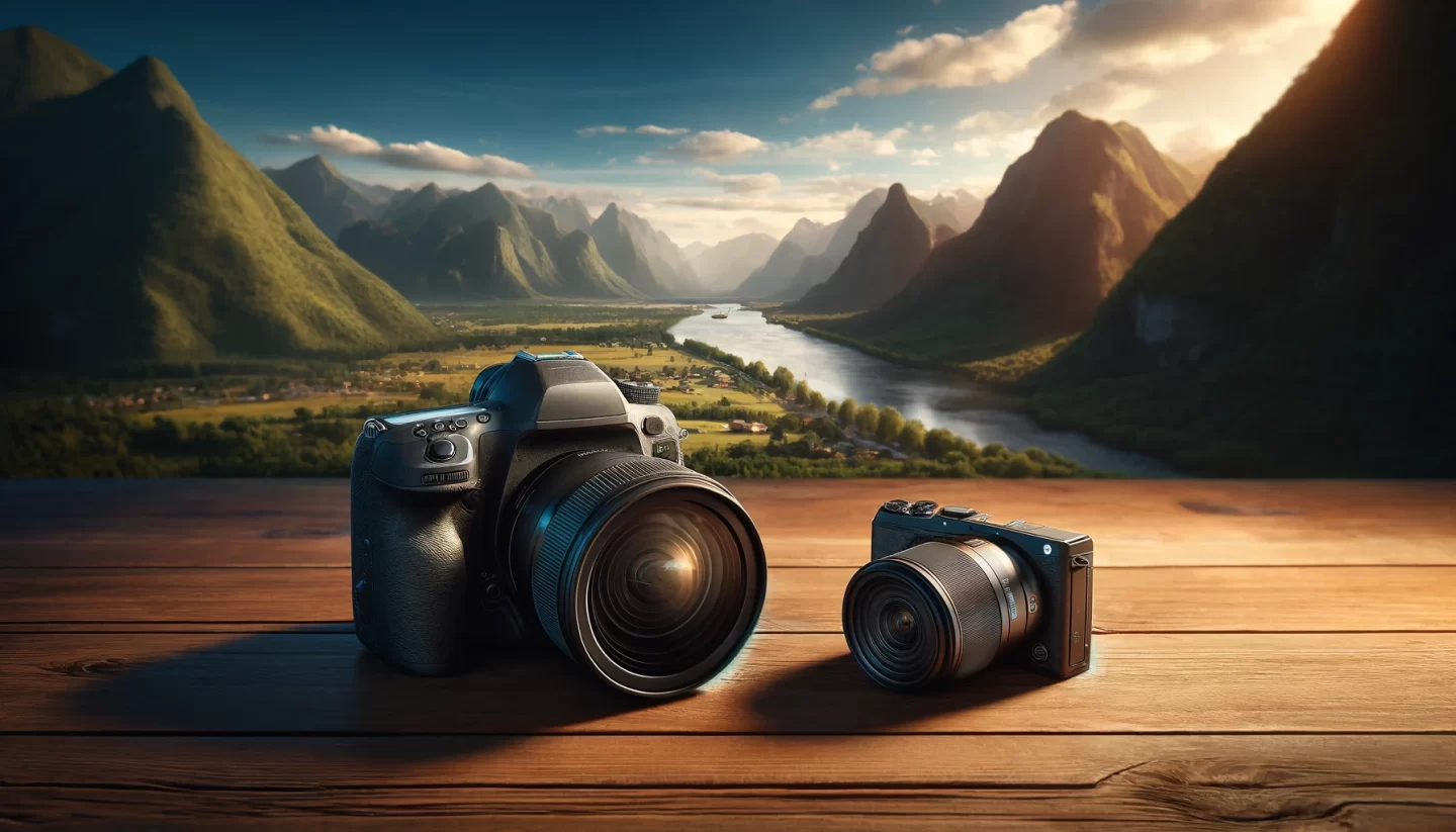 Deux appareils photo posés sur une table surplombant une vallée pittoresque.