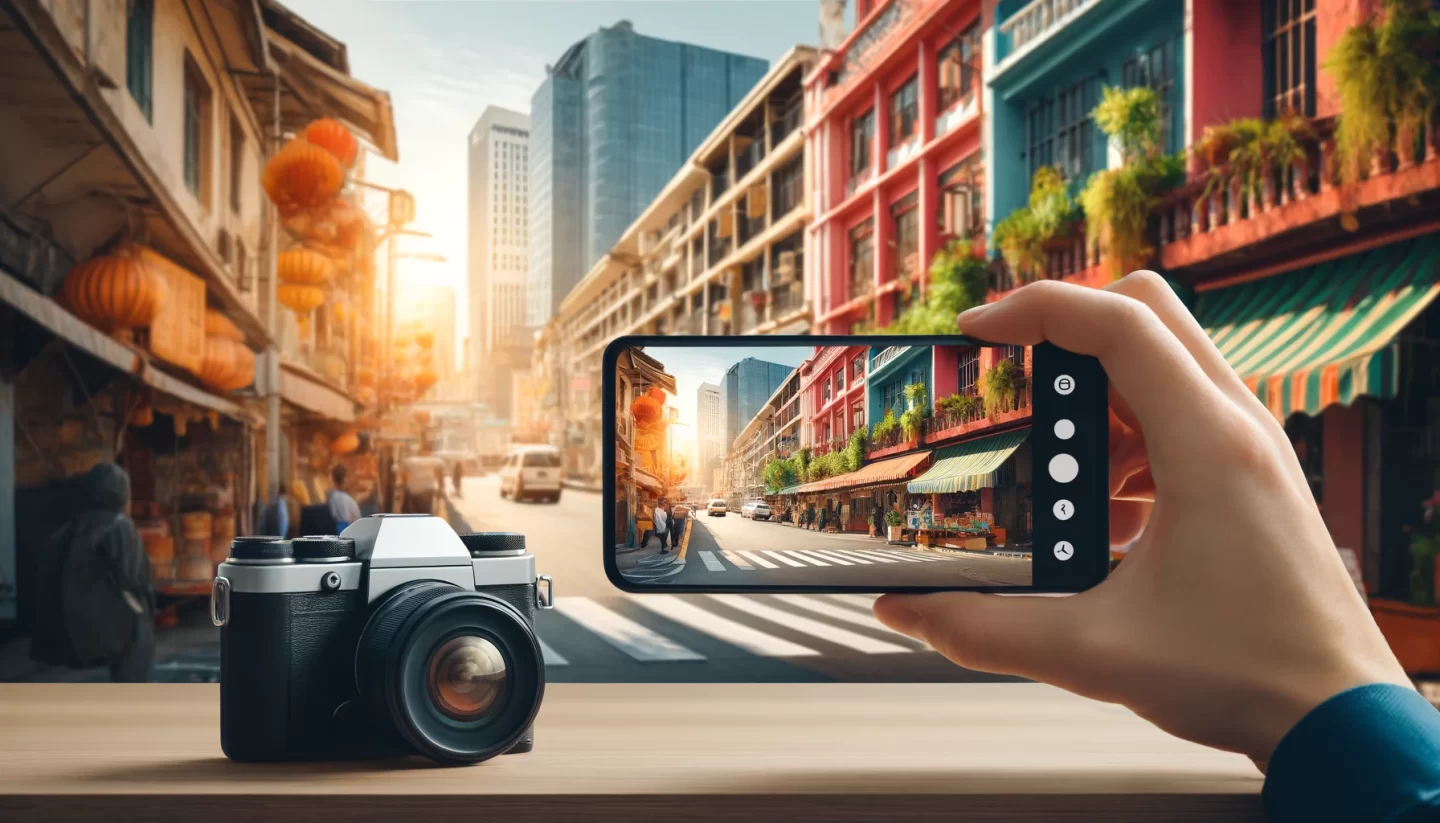Smartphone capturing vibrant street scene through camera lens