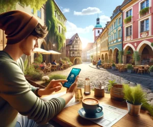 Person using smartphone at quaint European street cafe