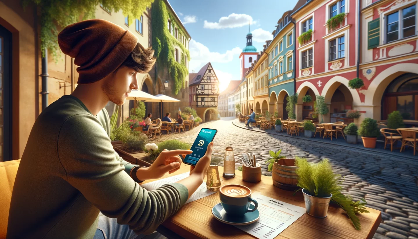Person using smartphone at quaint European street cafe