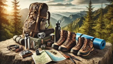 Hiking gear and boots on mountain at sunrise.