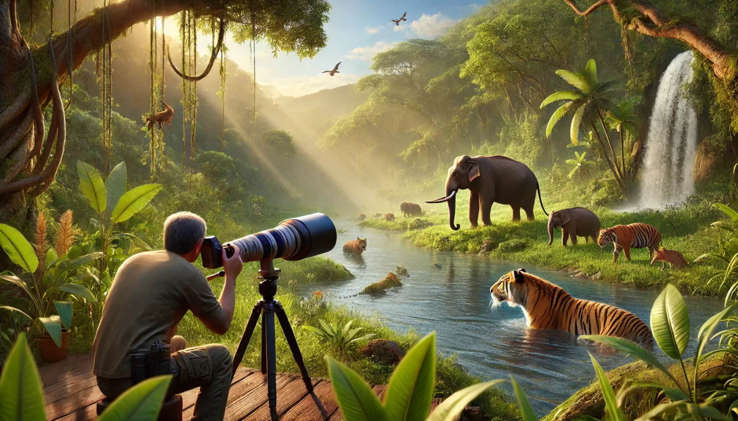 Photographe capturant des animaux sauvages dans un paysage de jungle luxuriante.