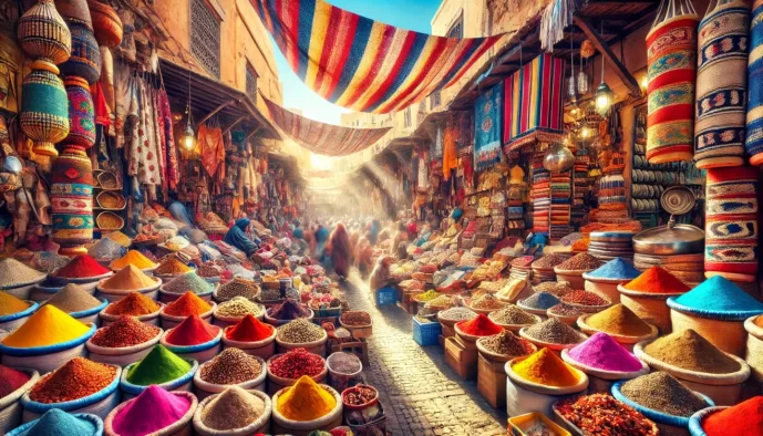Marché marocain animé avec des épices et des textiles.