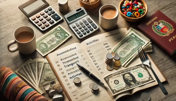 Financial planning desk with budget, calculator, and money.