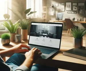 Homme travaillant sur un ordinateur portable dans un bureau ensoleillé.