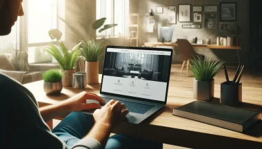 Man working on laptop in sunlit home office.