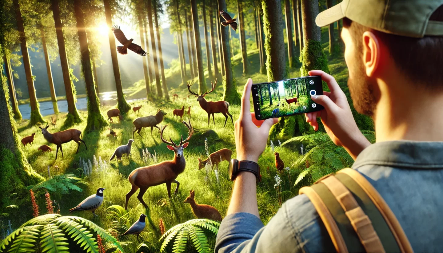 Homme photographiant des animaux sauvages avec un smartphone dans une forêt.