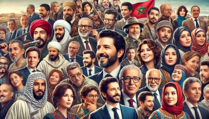 Diverse group portrait, Moroccan flag, cultural attire.