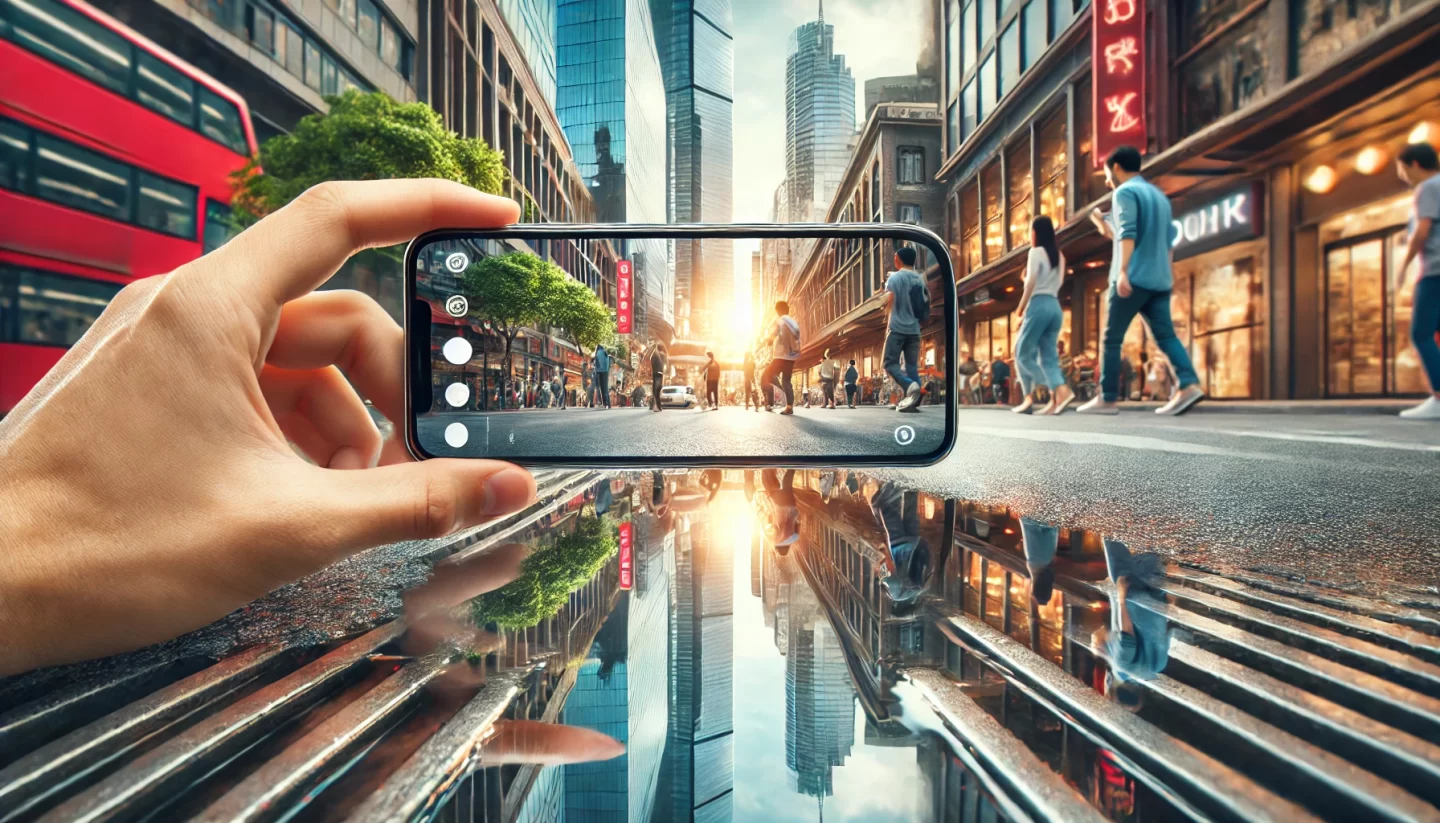 Smartphone capturant le reflet d'une rue animée.
