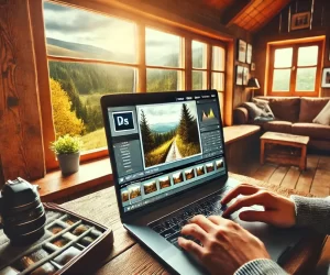 Person editing photos in cozy mountain cabin.