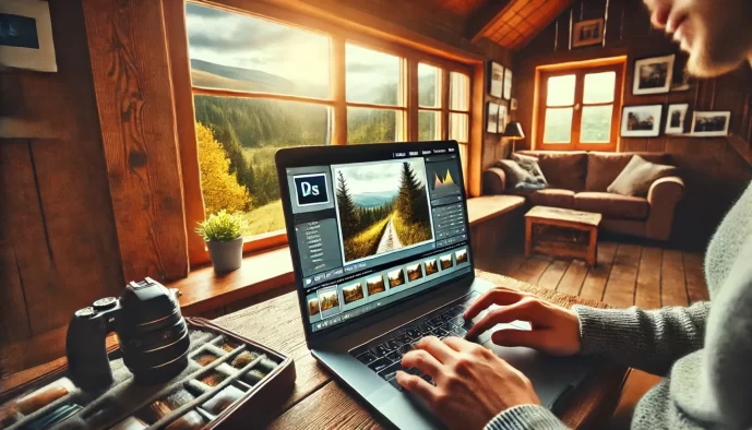 Person editing photos in cozy mountain cabin.