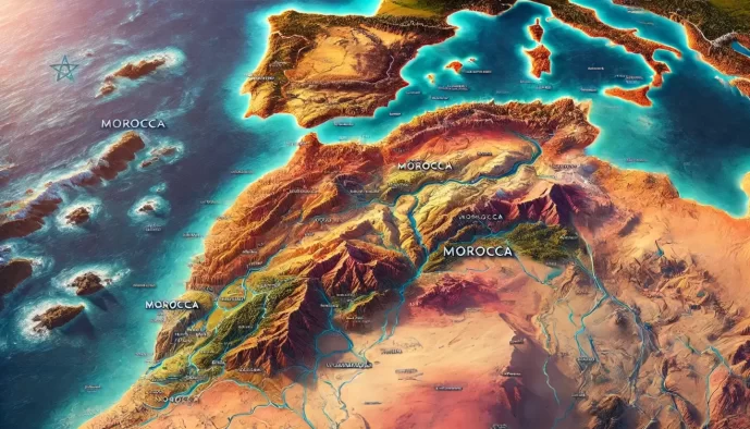 Topographic map of Morocco with terrain details.