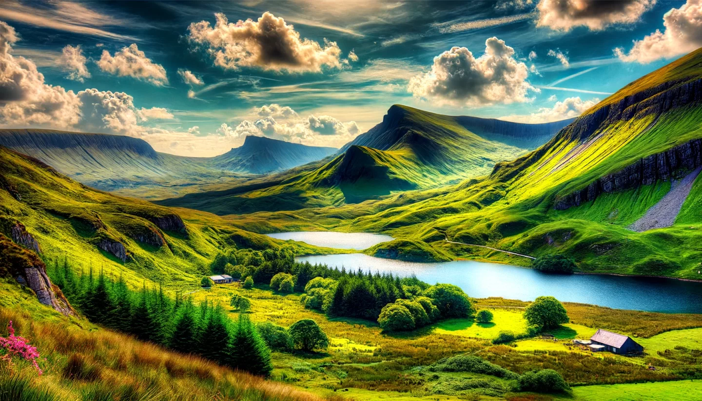 Breathtaking green valley landscape with lake and clouds.