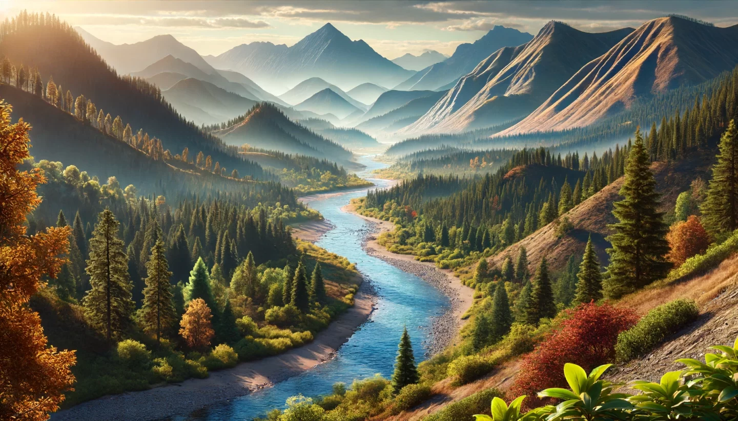 Vallée fluviale de montagne pittoresque sous le soleil d'automne