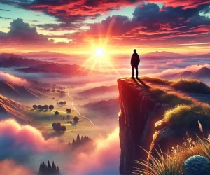 Person on cliff during breathtaking mountain sunrise.