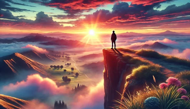 Person on cliff during breathtaking mountain sunrise.