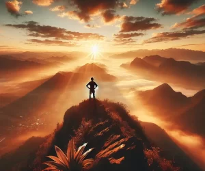 Person standing on mountain at sunrise, scenic landscape view.