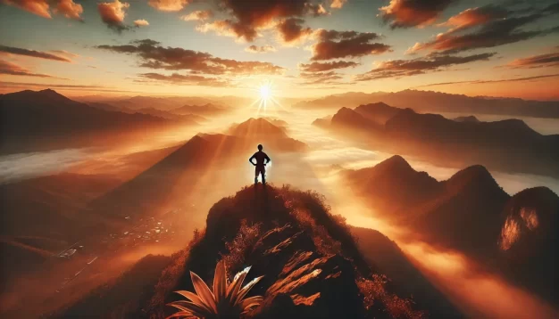 Person standing on mountain at sunrise, scenic landscape view.