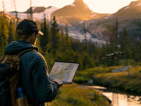 Man with map and drone in mountainous terrain at dusk.