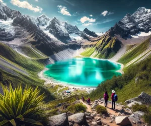 Hikers approaching turquoise lake in scenic mountain landscape.