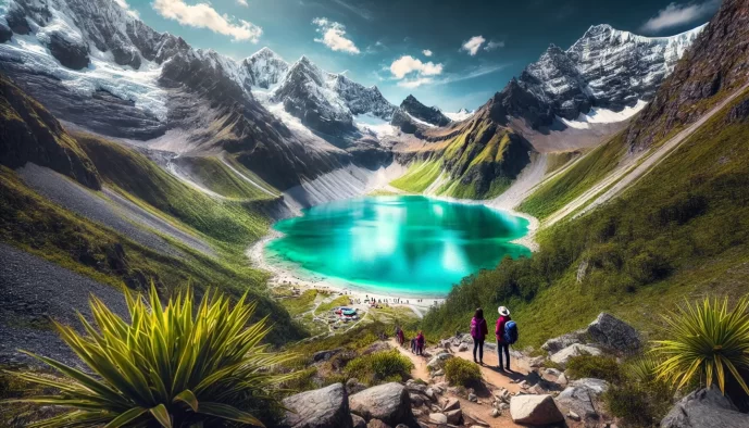 Hikers approaching turquoise lake in scenic mountain landscape.