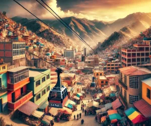 Colorful hillside buildings with cable car in La Paz.