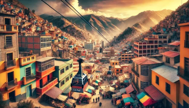 Colorful hillside buildings with cable car in La Paz.