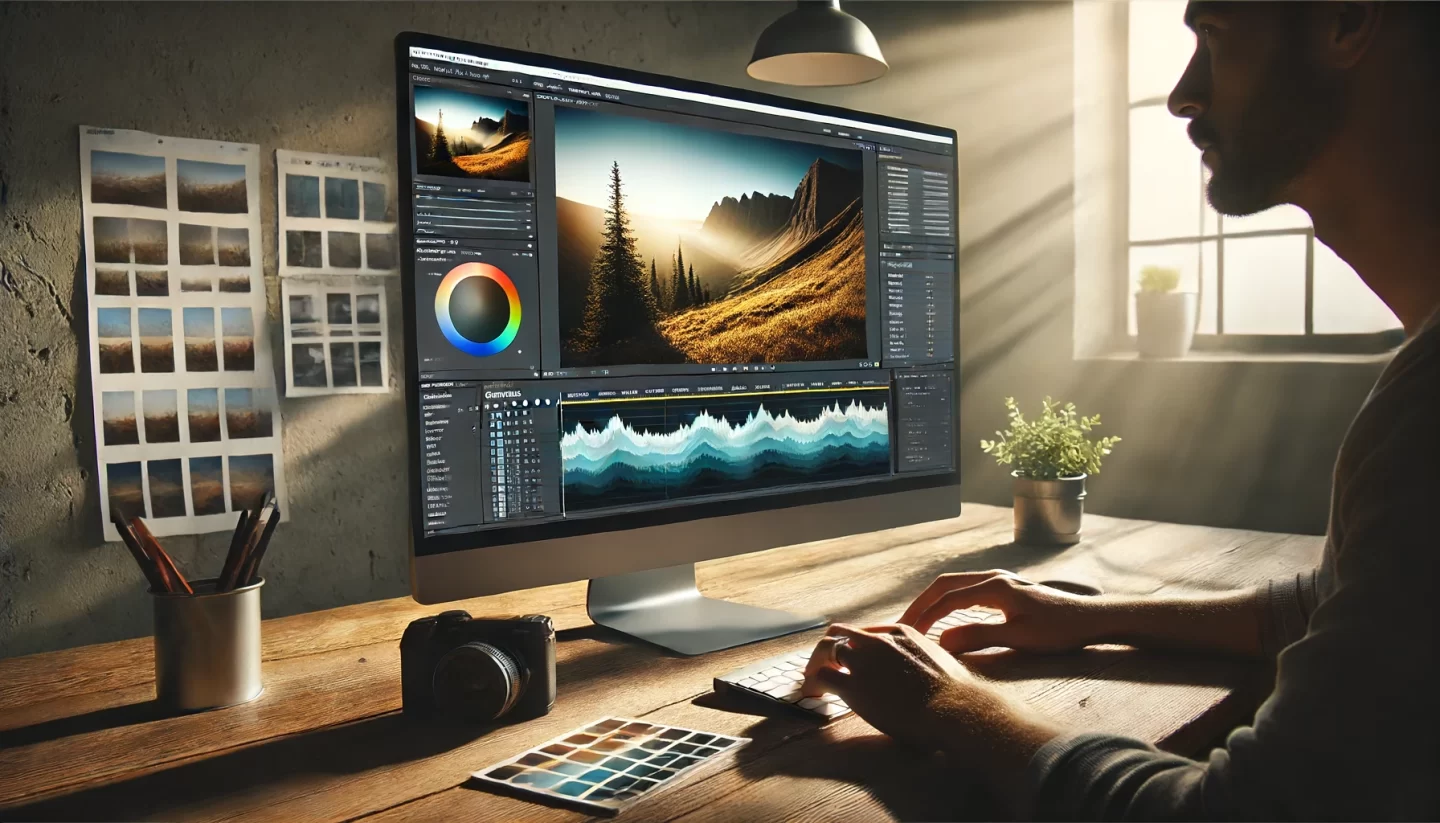 Man editing photos on dual monitors in sunlit office.