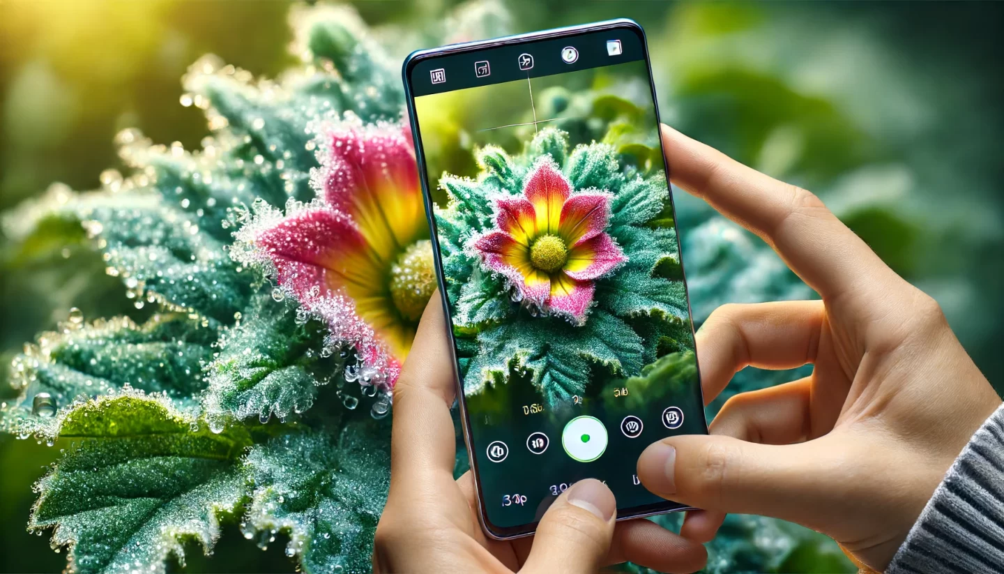 Capturing dew on flowers with smartphone camera.