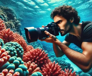 Underwater photographer capturing vibrant coral reef.
