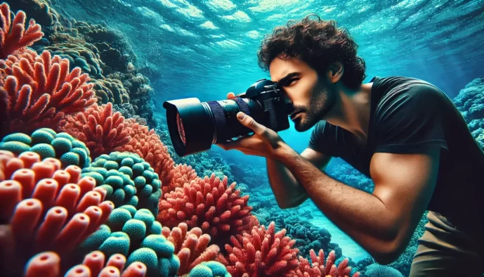 Underwater photographer capturing vibrant coral reef.
