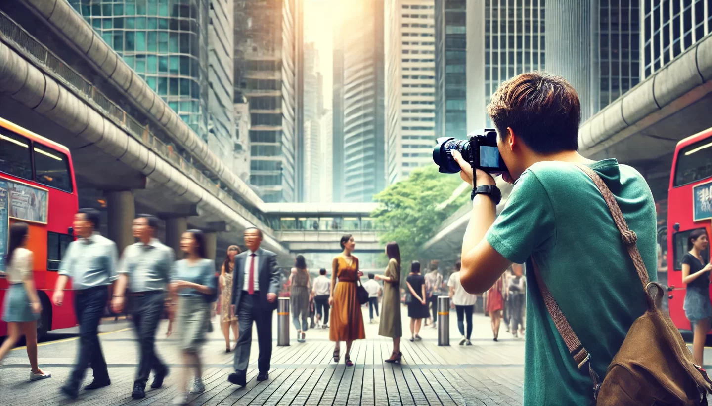 Photographe capturant une scène de rue urbaine animée.