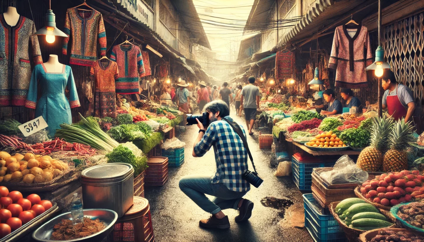 Photographer capturing vibrant market scene with colorful stalls.