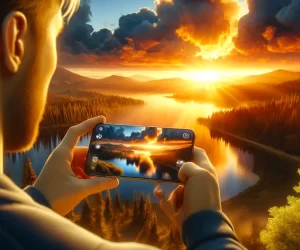 Person capturing sunset over scenic lake on smartphone.