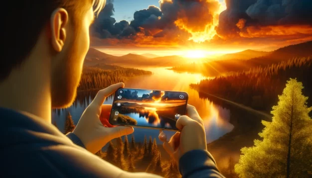 Person capturing sunset over scenic lake on smartphone.