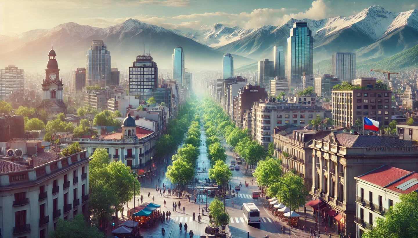 Scenic cityscape with mountains and tree-lined avenue.
