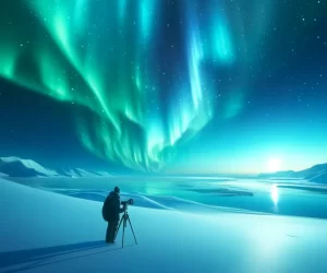 Photographe capturant des aurores boréales sur un paysage enneigé.