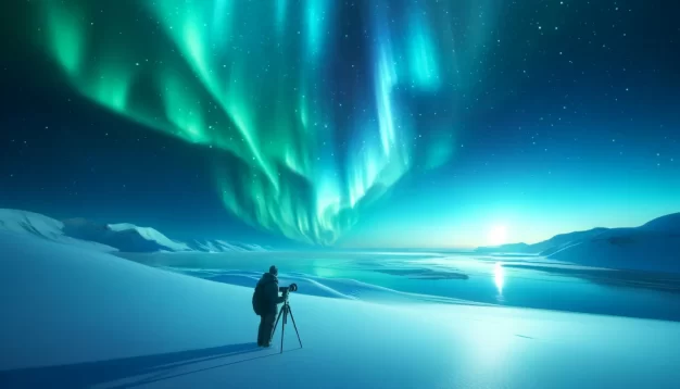 Photographer capturing northern lights over snowy landscape.