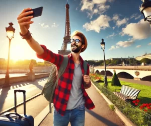 Tourist taking selfie with Eiffel Tower in Paris.