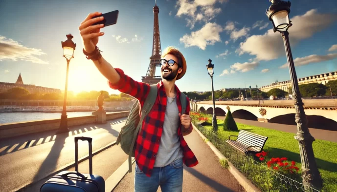 Tourist taking selfie with Eiffel Tower in Paris.