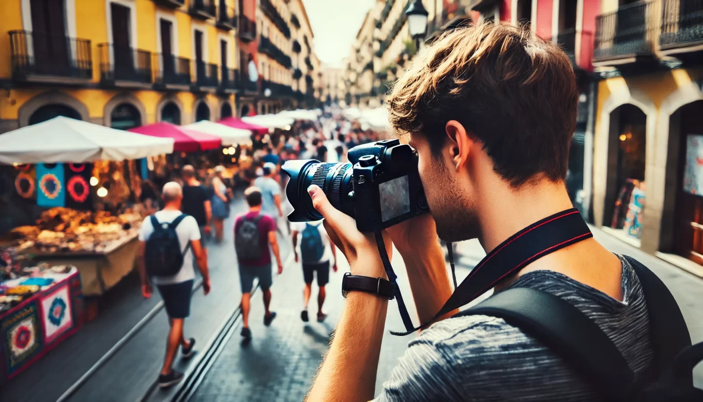 Photographer capturing bustling street market scene.