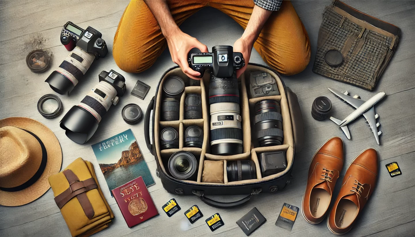 Photographer's equipment and travel essentials flat lay.