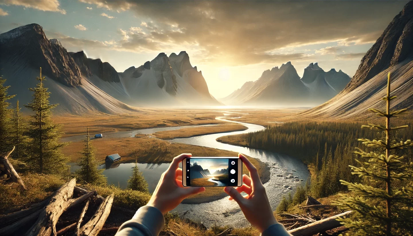 Person capturing mountainous landscape on smartphone camera.