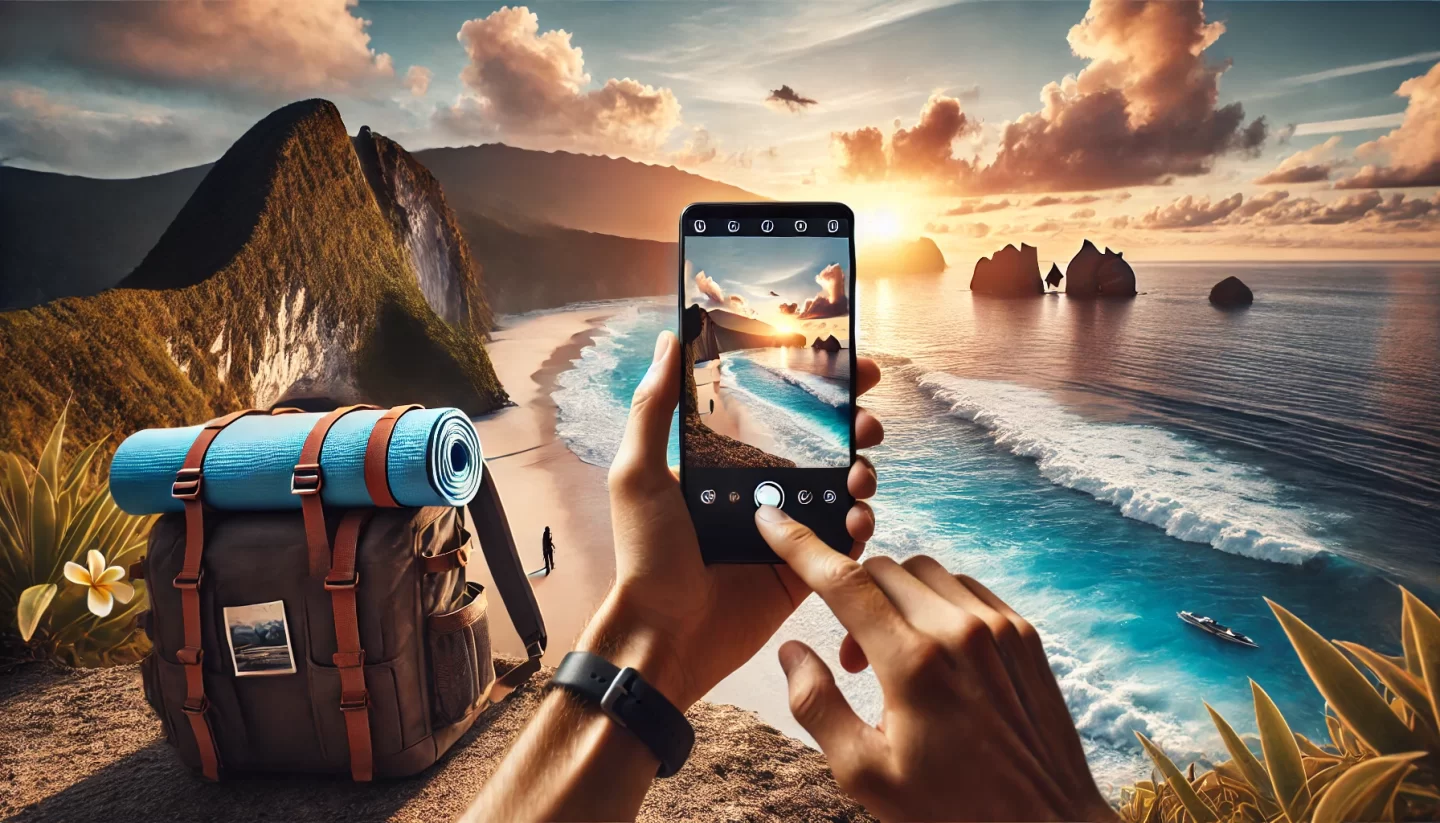 Person capturing sunrise over beach with smartphone.