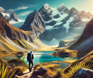 Hiker overlooking serene mountain lake and peaks.