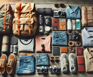 Travel gear and clothing laid out on wooden surface.